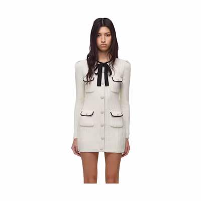 (Women) Self-Portrait Ivory Bow Knit Slim-Fit Elegant Long-Sleeve Midi Dress for Women. SWF325M02600