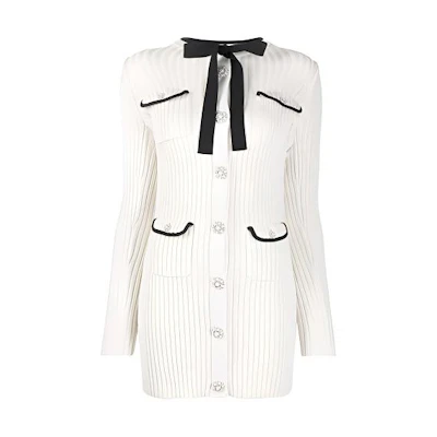 (Women) Self-Portrait Ivory Colorblock Bow Knit Long-Sleeve Dress with Chic Elegant Style. SWF325M02600004