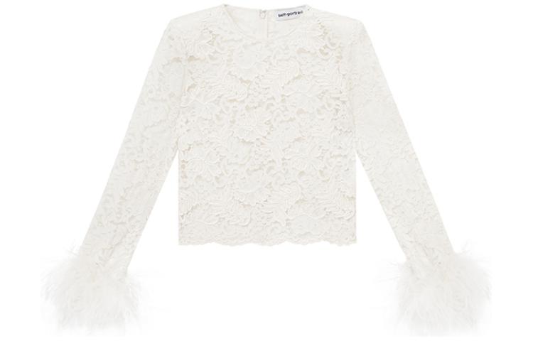 (Women) Self-Portrait Ivory Lace Knit Top with Feather Cuffs for Women. SWF351C02100