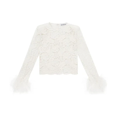 (Women) Self-Portrait Ivory Lace Knit Top with Feather Cuffs for Women. SWF351C02100