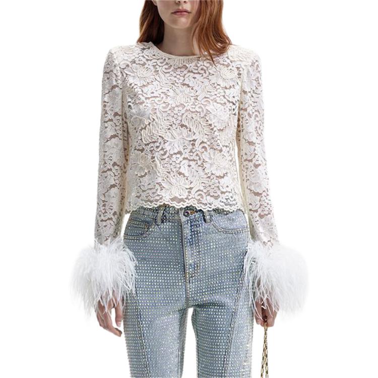 Lookbook (W) Self-Portrait象牙色蕾絲羽毛袖針織上衣女款 SWF351C02100