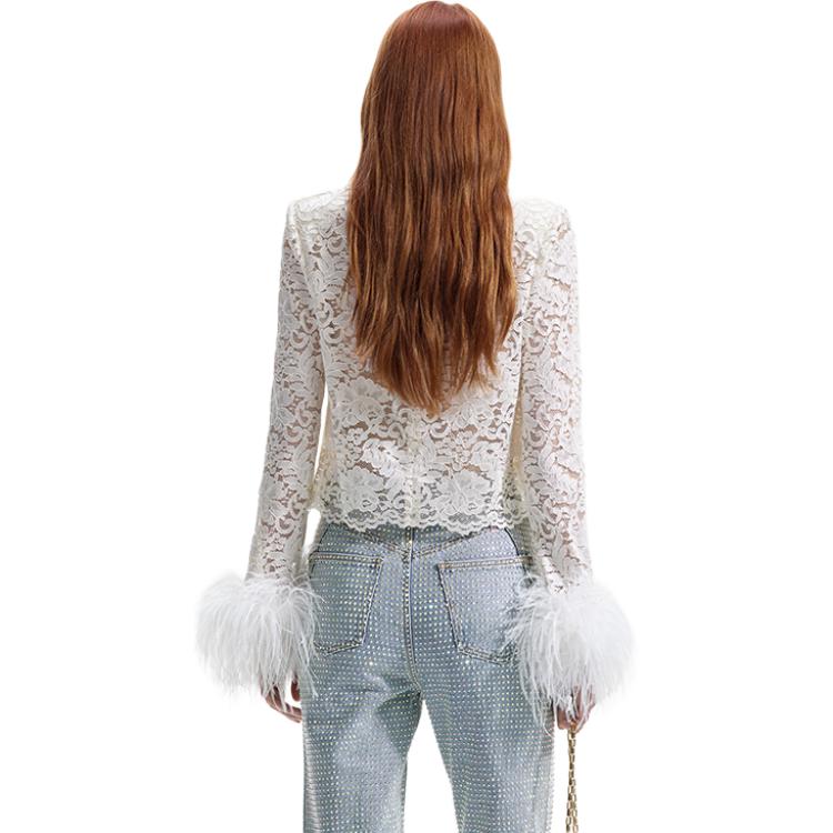 Purchase (W) Self-Portrait象牙色蕾絲羽毛袖針織上衣女款 SWF351C02100