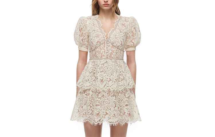 (Women) Self-Portrait Ivory Lace Sequined V-Neck Puff Sleeve French Short Dress . SWF336Y14100 圖 2