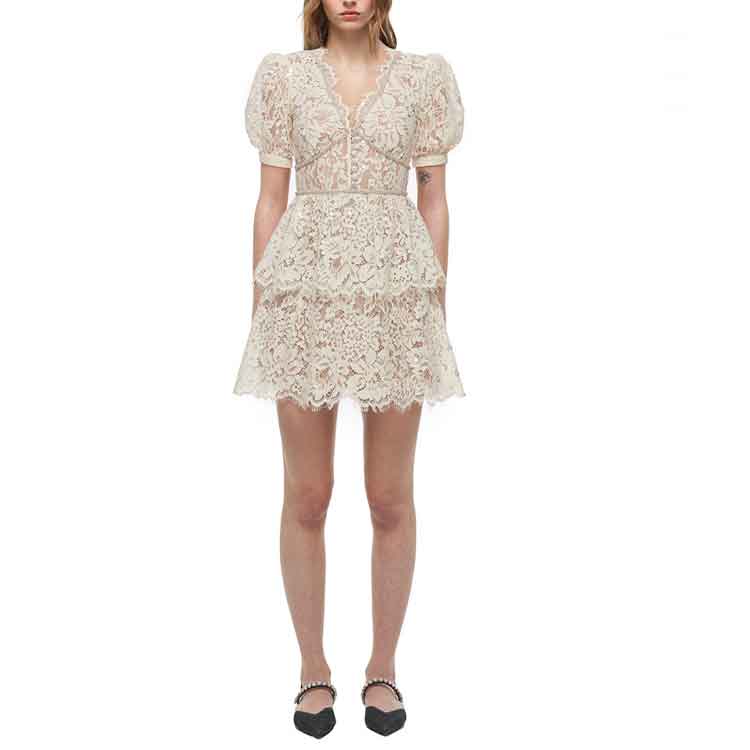(Women) Self-Portrait Ivory Lace Sequined V-Neck Puff Sleeve French Short Dress . SWF336Y14100 圖 3