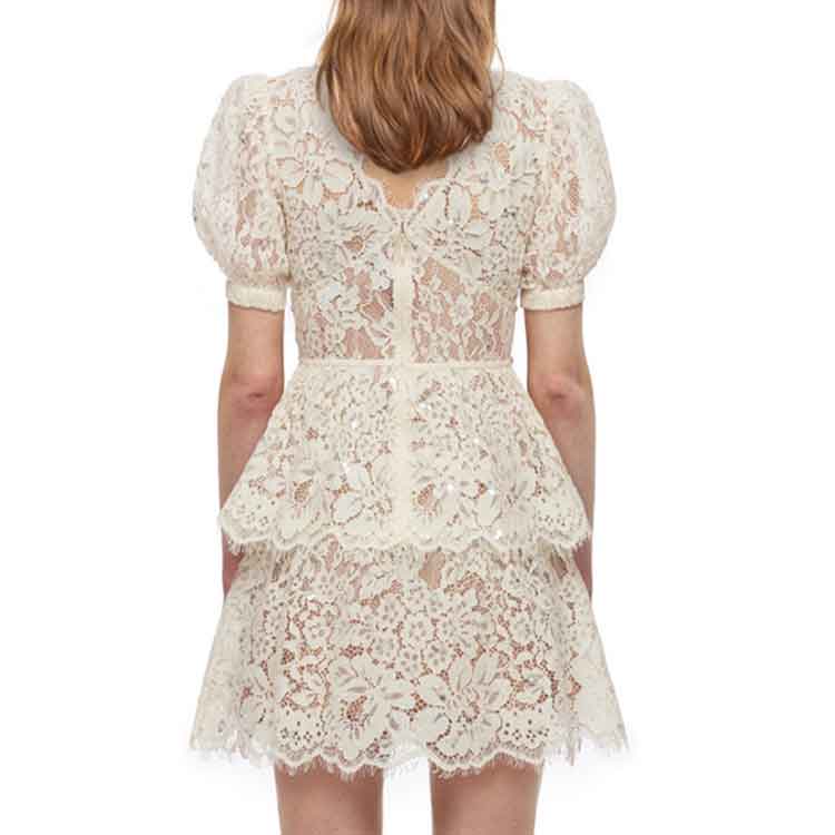 (Women) Self-Portrait Ivory Lace Sequined V-Neck Puff Sleeve French Short Dress . SWF336Y14100 圖 4