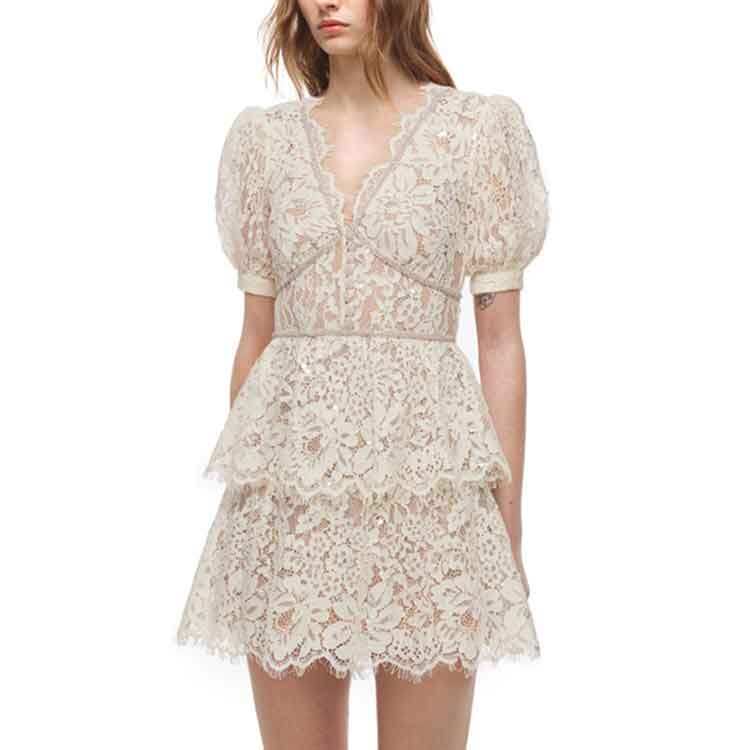 (Women) Self-Portrait Ivory Lace Sequined V-Neck Puff Sleeve French Short Dress . SWF336Y14100 圖 5