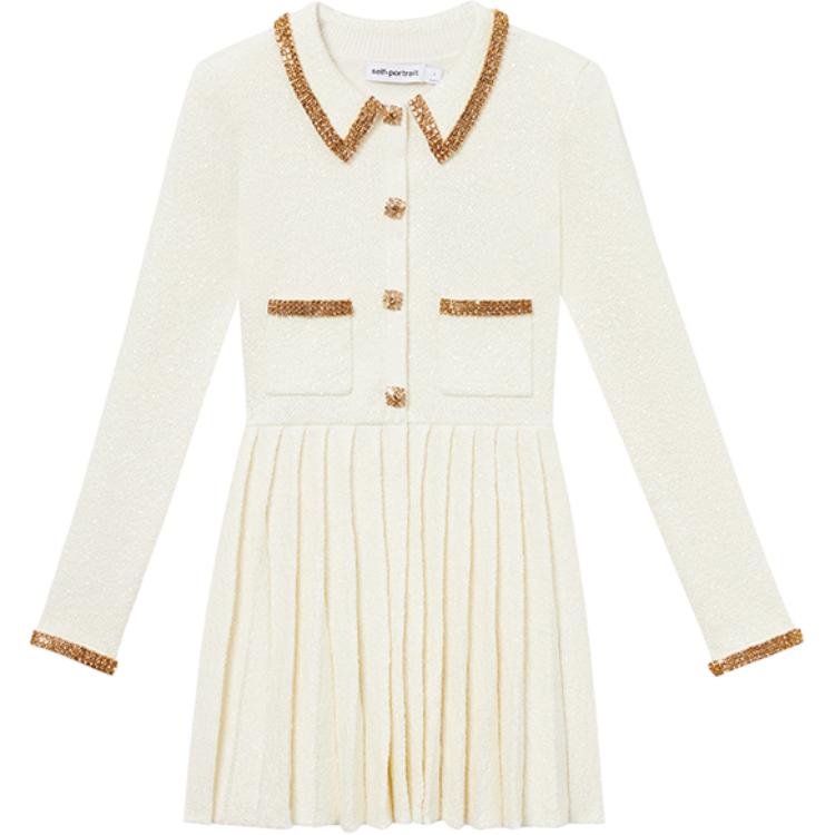 (Women) Self-Portrait Ivory Pleated Knit Polo Dress - Elegant Long Sleeve Princess Outfit. SWF344M03100
