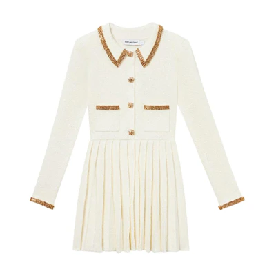 (Women) Self-Portrait Ivory Pleated Knit Polo Dress - Elegant Long Sleeve Princess Outfit. SWF344M03100