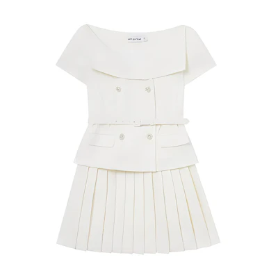 (Women) Self-Portrait Ivory Tweed Off-Shoulder Pleated Short Dress Elegant Evening Wear. SWF352Y16900