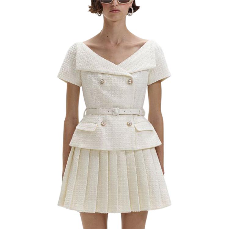 (Women) Self-Portrait Ivory Tweed Off-Shoulder Pleated Short Dress Elegant Evening Wear. SWF352Y16900 圖 3