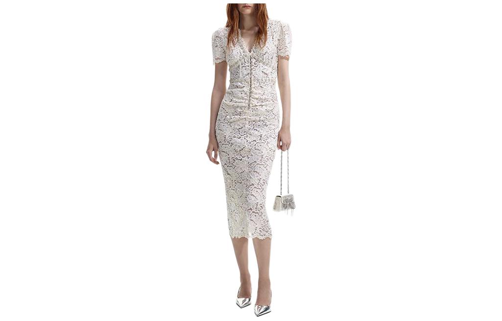 (Women) Self-Portrait Ivory V-Neck Lace Midi Dress for Women - Short Sleeve SWF351Y04400