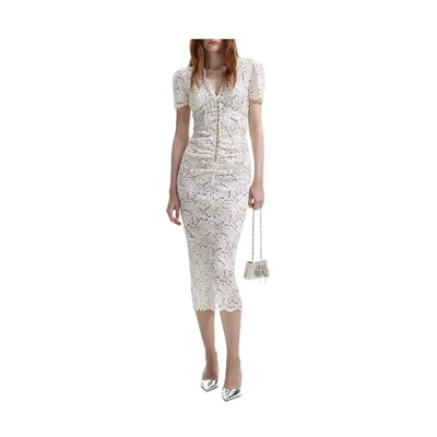 (Women) Self-Portrait Ivory V-Neck Lace Midi Dress for Women - Short Sleeve SWF351Y04400