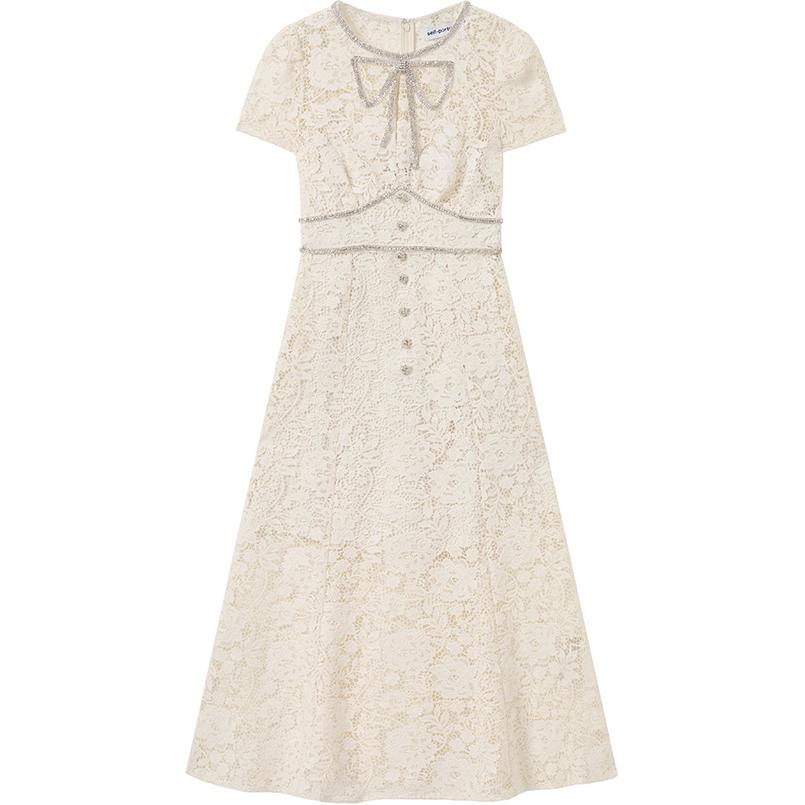 (Women) Self-Portrait Ivory White Bow Lace Midi Dress Short Sleeve for Women SWF336Y01800