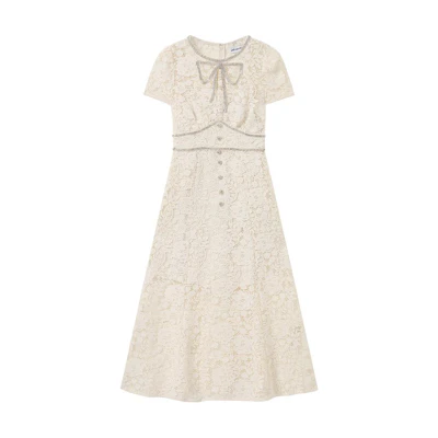 (Women) Self-Portrait Ivory White Bow Lace Midi Dress Short Sleeve for Women SWF336Y01800
