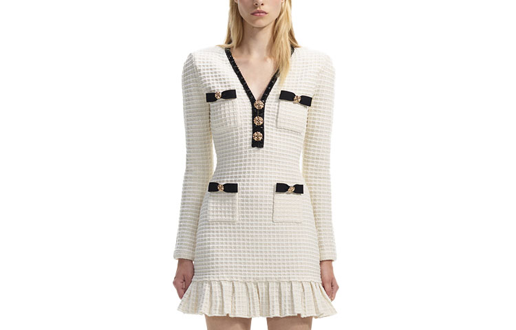 (Women) Self-Portrait Ivory White French Chic Midi Dress with Bow & Mermaid Hem. SWF351M01600