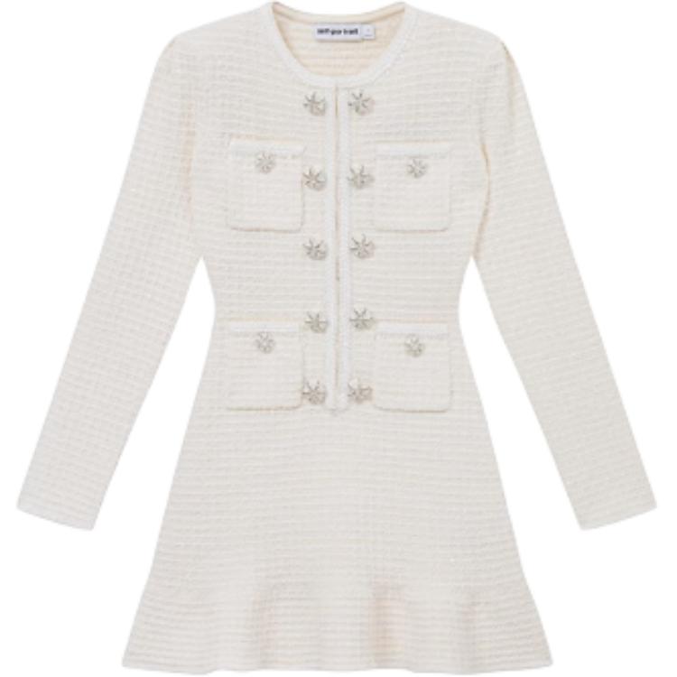 (Women) Self-Portrait Ivory White Knit Long Sleeve Short Dress  Elegant Style SWF354M03900