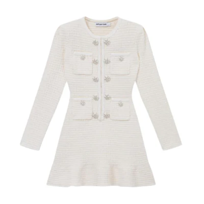 (Women) Self-Portrait Ivory White Knit Long Sleeve Short Dress Elegant Style SWF354M03900