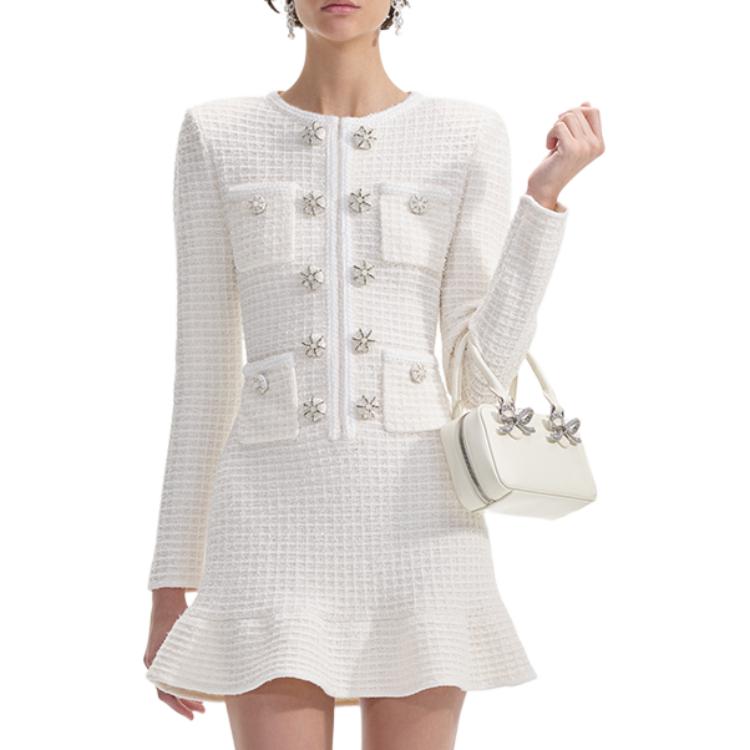 (Women) Self-Portrait Ivory White Knit Long Sleeve Short Dress  Elegant Style SWF354M03900 圖 2