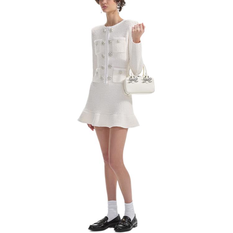 (Women) Self-Portrait Ivory White Knit Long Sleeve Short Dress  Elegant Style SWF354M03900 圖 3