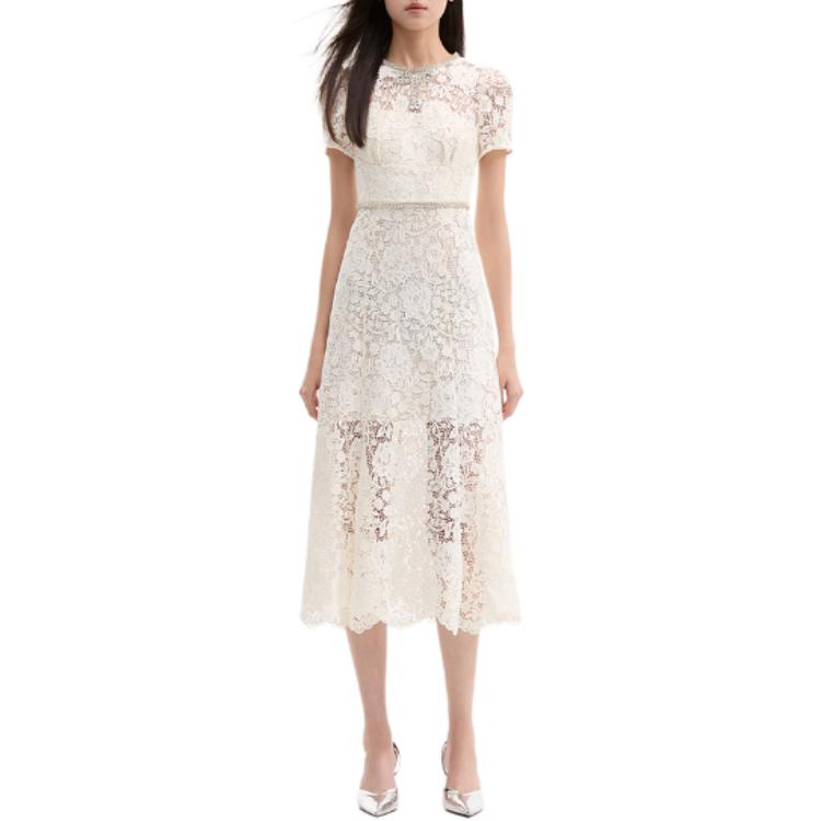 (Women) Self-Portrait Ivory White Lace Midi Dress with Crystal Bow,  Short Sleeve SWF353Y08700