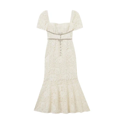 (Women) Self-Portrait Ivory White Lace Midi Dress with Square Neck for Women. SWF353Y07300