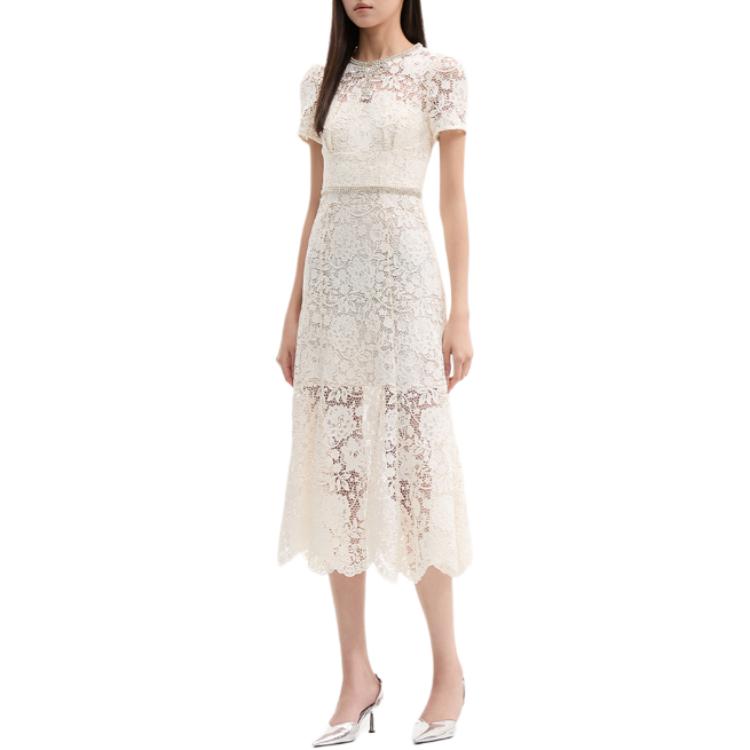 (Women) Self-Portrait Ivory White Lace Midi Dress with Crystal Bow,  Short Sleeve SWF353Y08700 圖 3