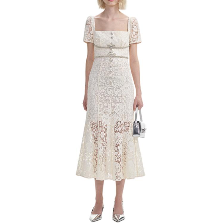 (Women) Self-Portrait Ivory White Lace Midi Dress with Square Neck for Women. SWF353Y07300 圖 3