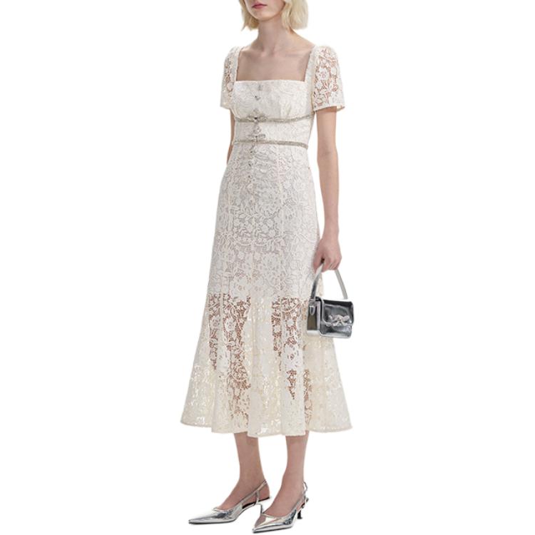 (Women) Self-Portrait Ivory White Lace Midi Dress with Square Neck for Women. SWF353Y07300 圖 5
