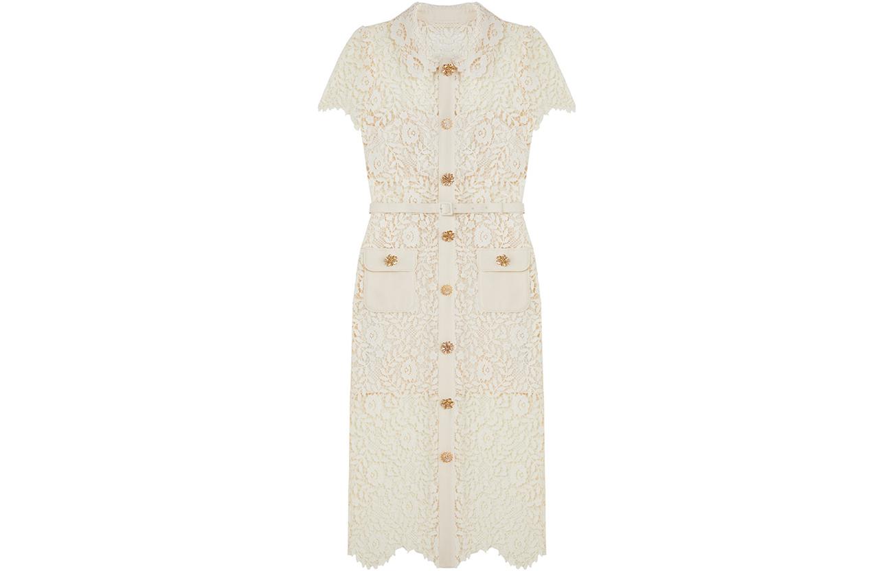 (Women) Self-Portrait Ivory White Lace Midi Shirt Dress with Pointed Collar for Women. SWF342Y19300