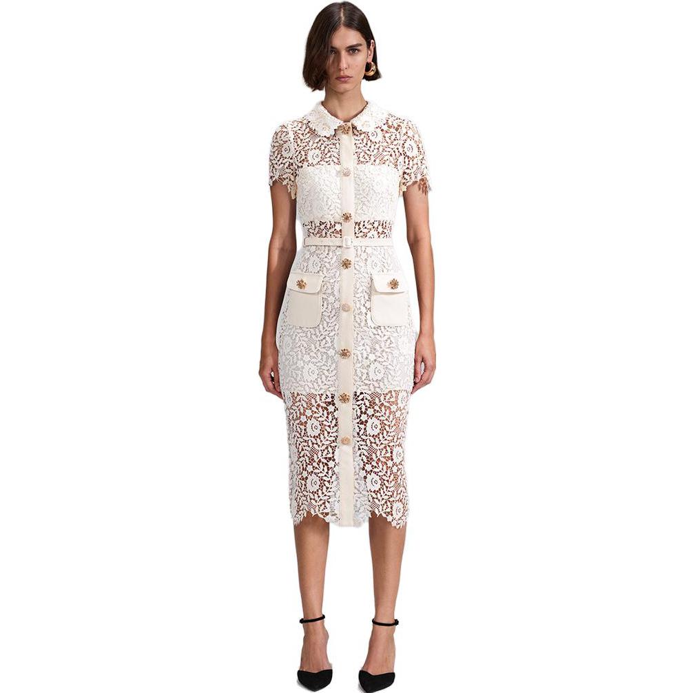 (Women) Self-Portrait Ivory White Lace Midi Shirt Dress with Pointed Collar for Women. SWF342Y19300 圖 3