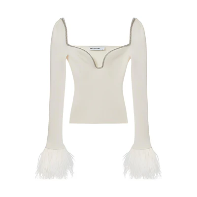 (Women) Self-Portrait Ivory White Long Sleeve Knit Top with Feather Sleeves and Jeweled Neckline. SWF351M02100