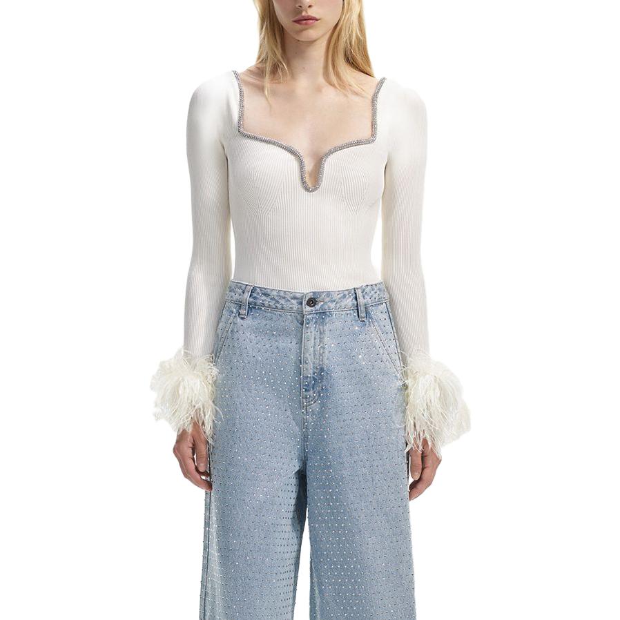 Lookbook (W) Self-Portrait 象牙白羽毛袖鑽飾針織長袖上衣 SWF351M02100