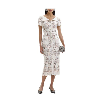 (Women) Self-Portrait Ivory White Midi Shirt Dress with Large Collar for Women. SWF351Y28200