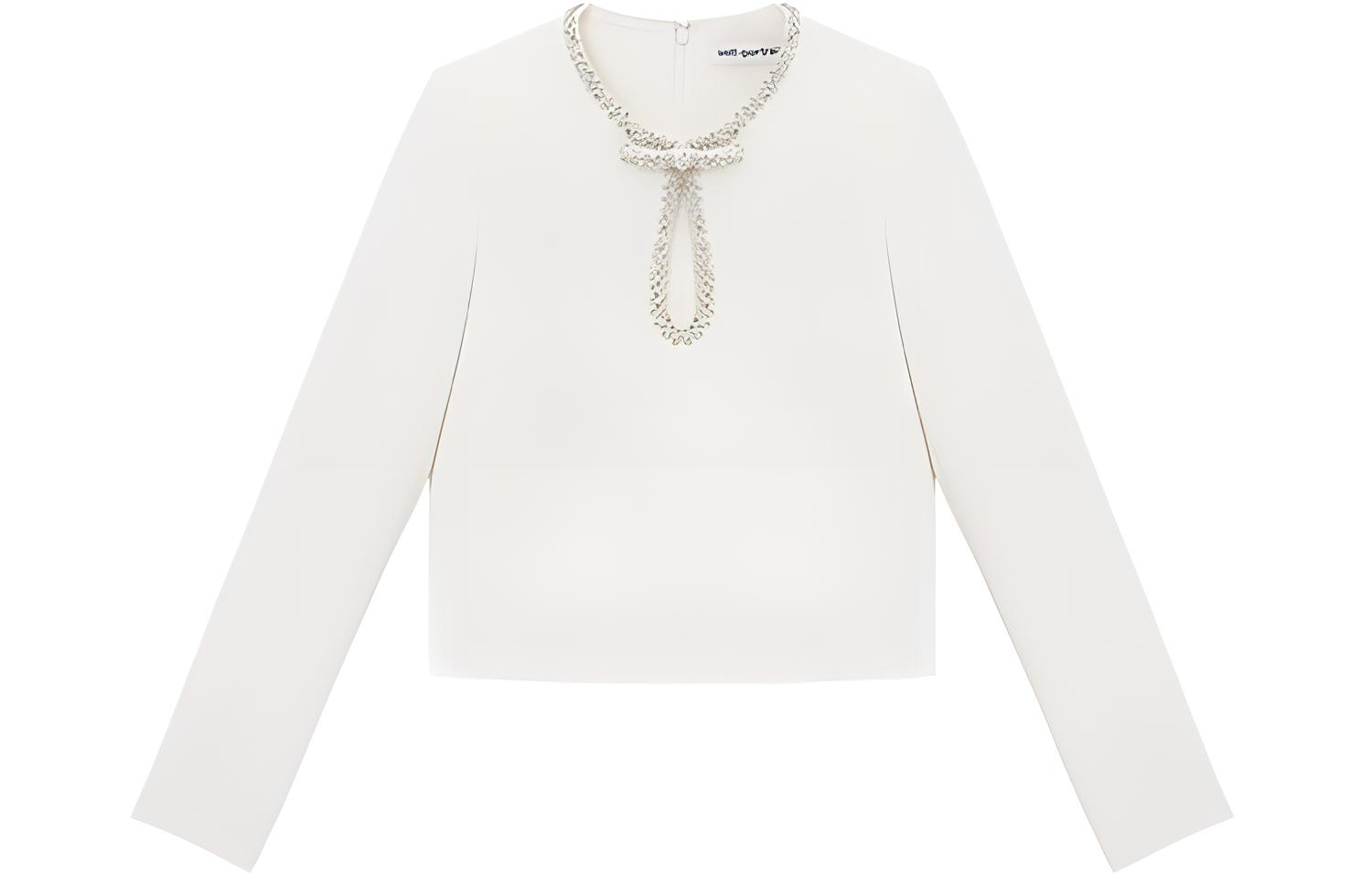 (Women) Self-Portrait Ivory White Round Neck Long Sleeve Regular Fit  T-Shirt SWF351C00500