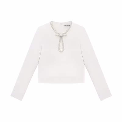 (Women) Self-Portrait Ivory White Round Neck Long Sleeve Regular Fit T-Shirt SWF351C00500