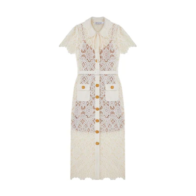 (Women) Self-Portrait Ivory White Short Sleeve Dress with Button Detail and Tie Neck Women. SWF342Y23100