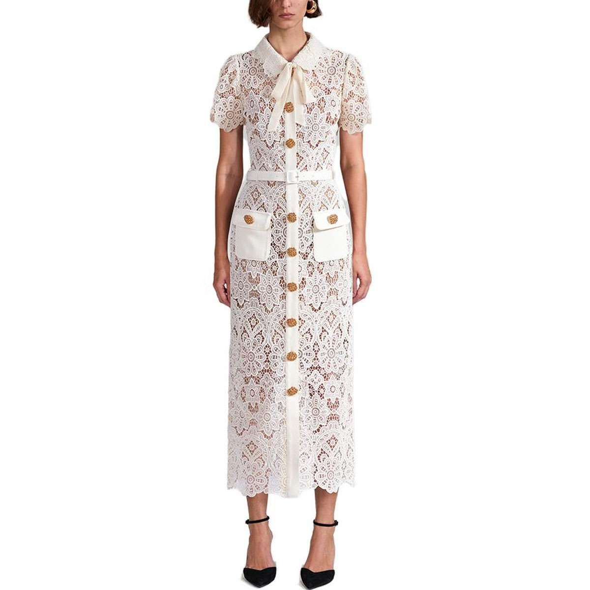 (Women) Self-Portrait Ivory White Short Sleeve Dress with Button Detail and Tie Neck Women. SWF342Y23100 圖 3