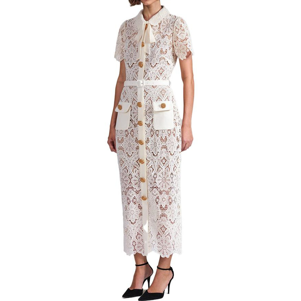 (Women) Self-Portrait Ivory White Short Sleeve Dress with Button Detail and Tie Neck Women. SWF342Y23100 圖 5