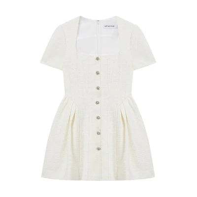 (Women) Self-Portrait Ivory White Short Sleeve Mini Dress with U-Neck and Zipper Design. SWF352Y17500