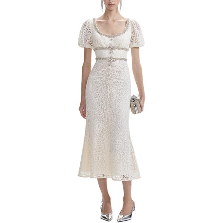 (Women) Self-Portrait Ivory White U-Neck Midi Dress with Rhinestone Collar for Women. SWF353Y01000