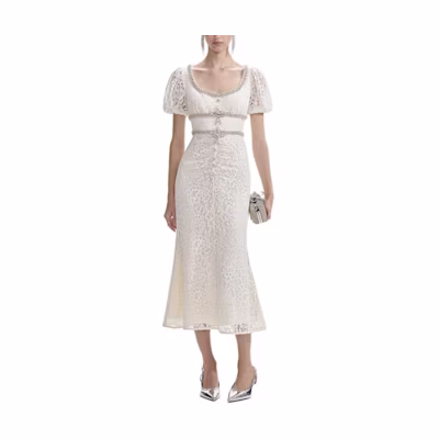 (Women) Self-Portrait Ivory White U-Neck Midi Dress with Rhinestone Collar for Women. SWF353Y01000