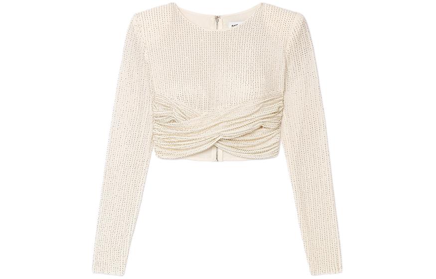 (Women) Self-Portrait Ivory White Waist Cutout Long Sleeve Cropped Tee Women. SWF352C03300