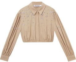 (Women) Self-Portrait Khaki Puff Sleeve Shirt with Rhinestone Collar for Women. SWF353C00300 (Women) Self-Portrait Khaki Puff Sleeve Shirt with Rhinestone Collar for Women. SWF353C00300