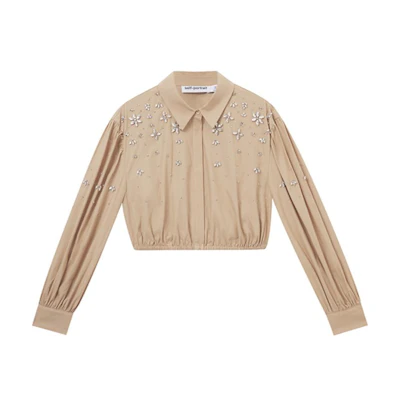 (Women) Self-Portrait Khaki Puff Sleeve Shirt with Rhinestone Collar for Women. SWF353C00300