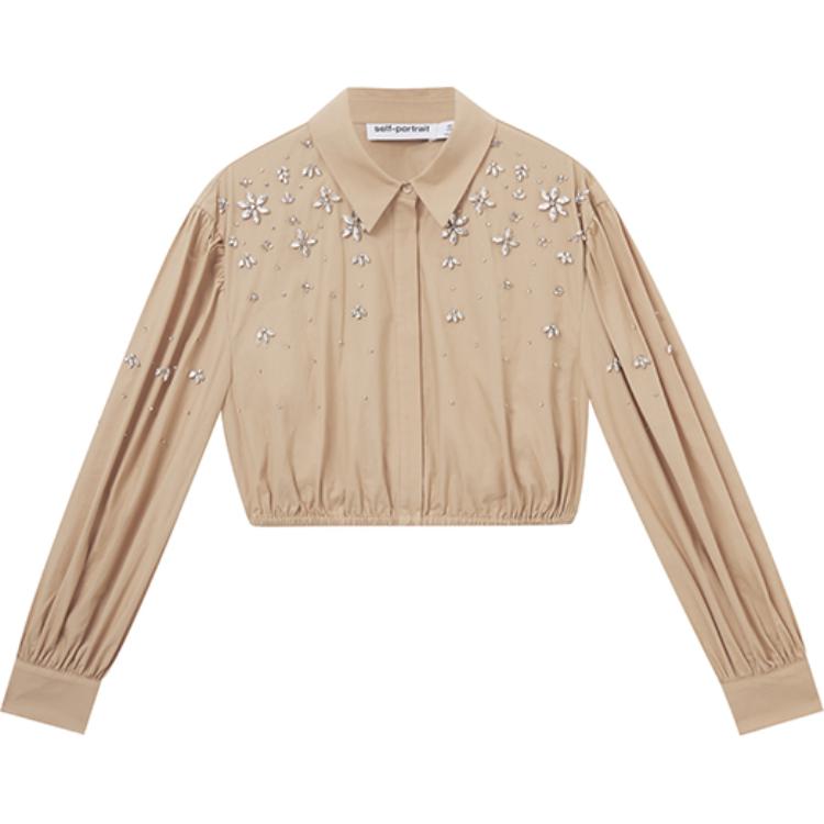 Order (W) Self-Portrait 女裝卡其色泡泡袖襯衫搭配水鑽領飾。 SWF353C00300