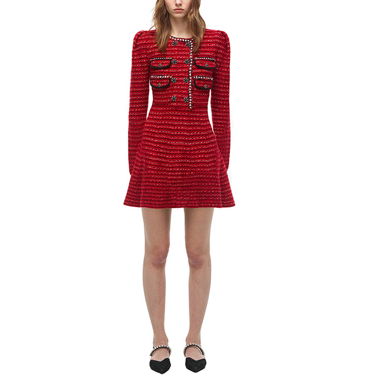 (Women) Self-Portrait Knitted Bouclé Elegant A-Line Long Sleeve Midi Dress - Wine Red SWF324M15500