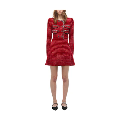 (Women) Self-Portrait Knitted Bouclé Elegant A-Line Long Sleeve Midi Dress - Wine Red SWF324M15500