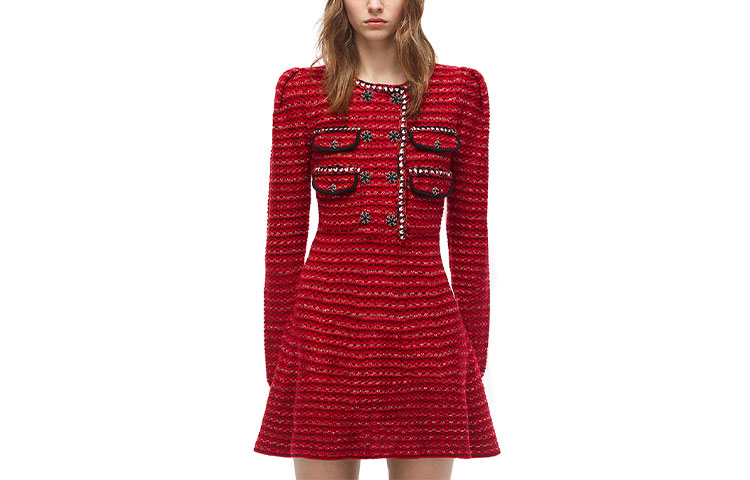 (Women) Self-Portrait Knitted Bouclé Elegant A-Line Long Sleeve Midi Dress - Wine Red SWF324M15500 圖 2