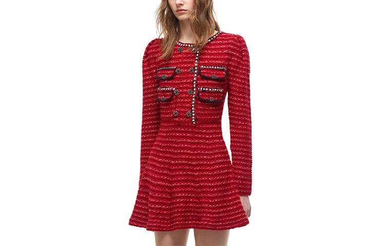 (Women) Self-Portrait Knitted Bouclé Elegant A-Line Long Sleeve Midi Dress - Wine Red SWF324M15500 圖 4