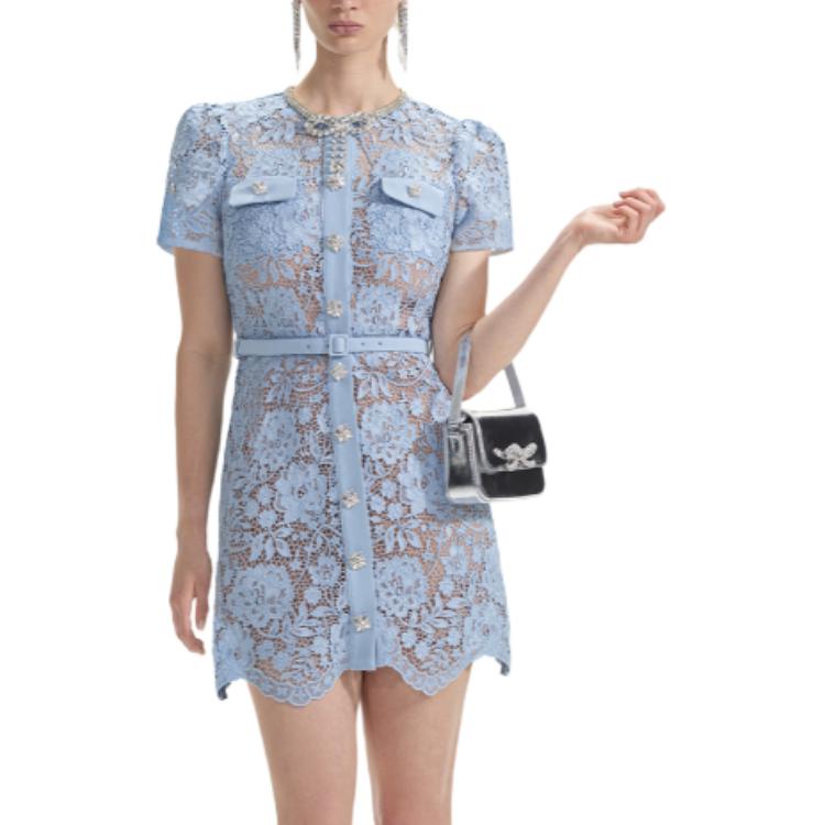 (Women) Self-Portrait Lace Crew Neck Short Sleeve Dress Women’s Misty Blue. SWF353Y10100
